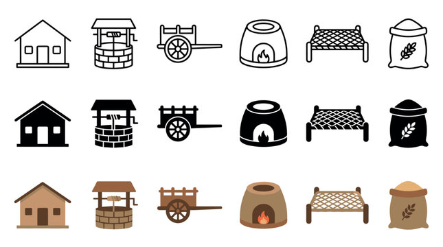 House well cart stove cot sack icons depicting essential elements of traditional rural village life in outline, solid, and colored styles.