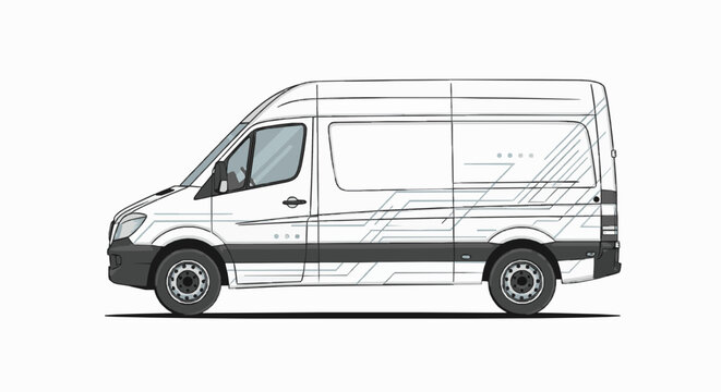 Side view of a white cargo van with geometric graphic design