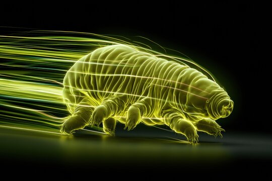 A tardigrade water bear moves rapidly with all eight legs while surrounded by electric yellow-green glow lines against a dark backdrop.