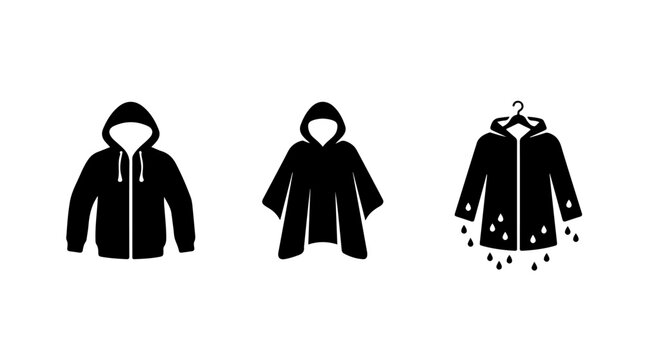 Outerwear Icon Set Representing Hoodies, Raincoats, and Ponchos in Bold Black‑and‑White Vector Style