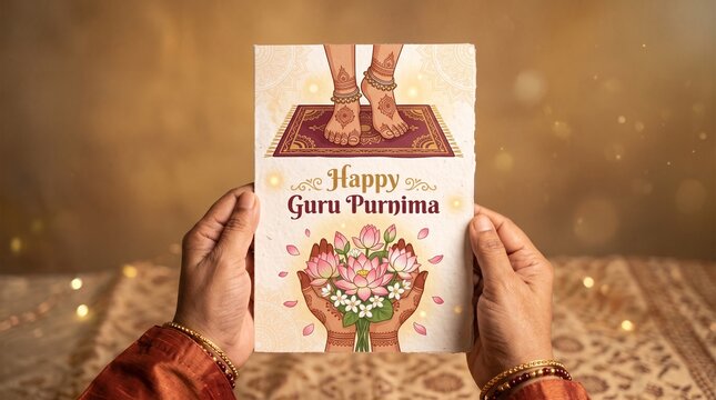 Happy Guru Purnima Greeting Card Vector Illustration with Holy Feet Charan, Hands Holding Lotus Flowers, and Henna Mehndi Elements