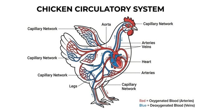 Detailed diagram illustrating the complete circulatory system within a domestic fowl showing heart arteries veins capillary networks and blood flow