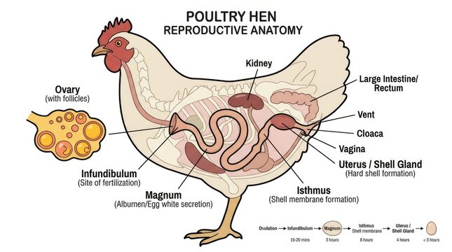 Detailed scientific diagram illustrating the internal anatomy and reproductive system of a hen showing organs like ovary magnum infundibulum uterus