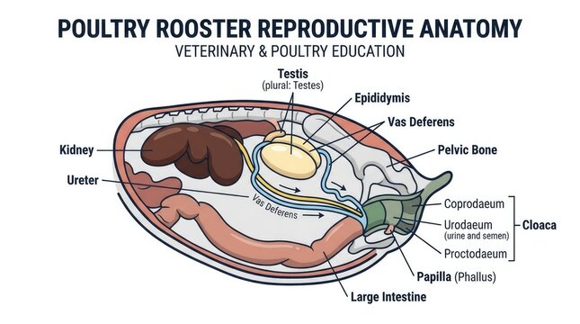 Avian Rooster Reproductive System Detailed Anatomy Diagram Scientific Illustration for Poultry Science Education and Veterinary Studies