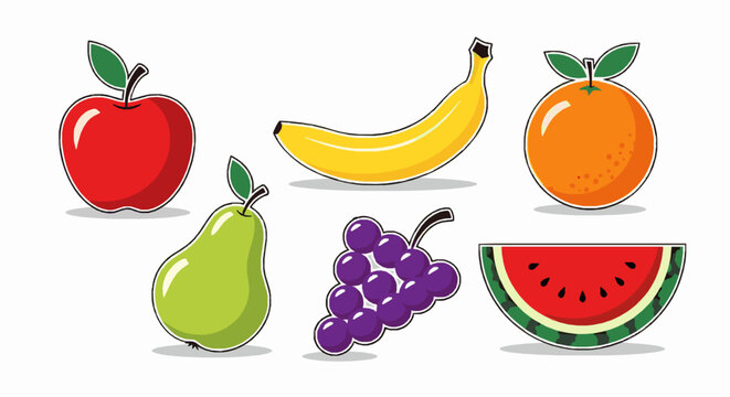 Set of colorful fresh fruits including apple, banana, orange, pear, grapes and watermelon slice