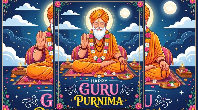 Happy Guru Purnima Banner Vector Illustration with Silhouette of Guru and Disciple Shishya Meditating Against Mountain Sunrise Background
