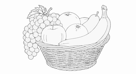 Obraz premium Black and white line art illustration of a fruit basket with grapes, apples, oranges, and a banana