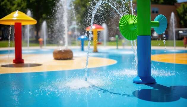 Bright outdoor splash pad with colorful fountains spraying water. Kids play happily on sunny day. Water park offers fun wet recreation for families and children.