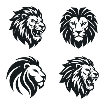 Four black lion heads with manes.
