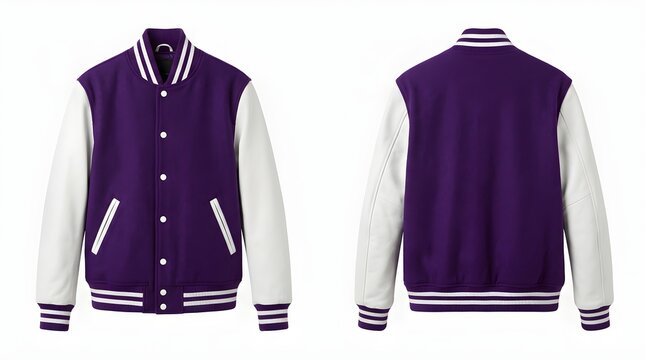 Purple and white varsity jacket with snap buttons front and back studio shot.
