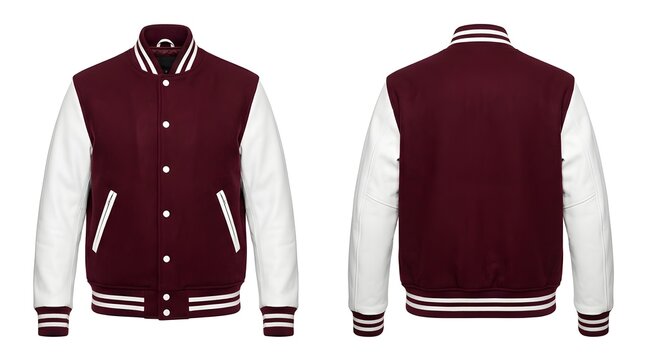 Maroon and white varsity jacket with snap buttons front and back studio shot.