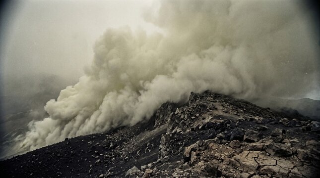 Toxic Sulfur Gas Wave Rolls Over Volcanic Mountain Ridge &mdash; Raw Press Documentary Photograph of Chemical Smog