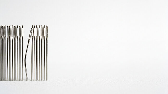 Precise Row of Silver Needles with One Misaligned Depicting Perfectionism