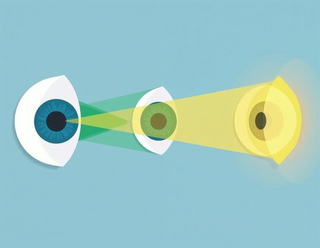 Three abstract eyes show light projection and pupil reaction. One eye emits light beams toward another eye, illustrating visual perception and adaptation.