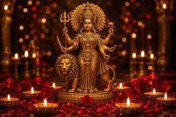 Obraz premium Durga puja celebration with golden statue of goddess durga on lion with trident and lotus surrounded by candles and roses