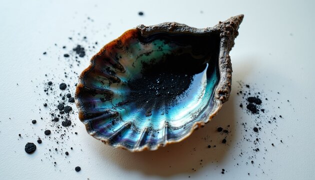 Iridescent abalone shell holds dark squid ink. Scattered black powder dusts textured white surface. Close up view of natural beauty and culinary art.