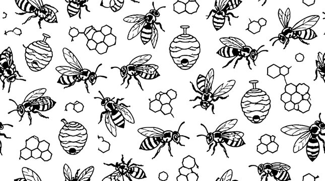 Detailed black and white bee and honeycomb pattern illustration.