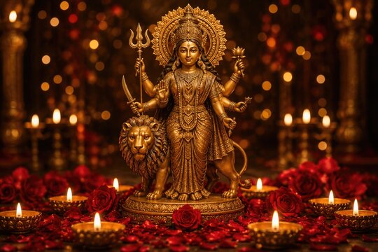 Durga puja celebration with golden statue of goddess durga on lion with trident and lotus surrounded by candles and roses