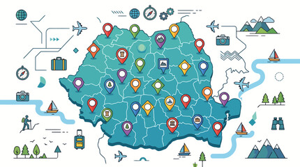 Naklejka premium Romania travel map with colorful location markers and icons