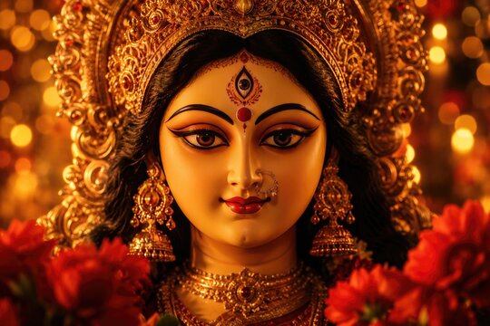 Close up of goddess durga face during durga puja festival traditional indian religious celebration