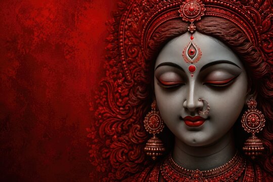 Serene durga puja idol close up of goddess durga's face with intricate jewelry and red backdrop