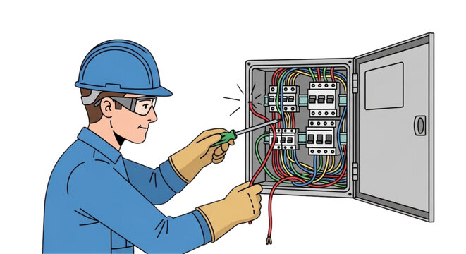 Professional electrician repairing electrical panel with tools
