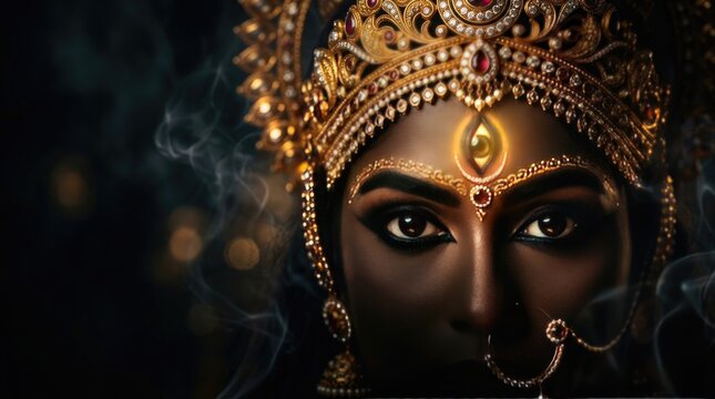 Durga puja celebration a majestic goddess durga portrait with traditional indian jewelry and ornate headpiece