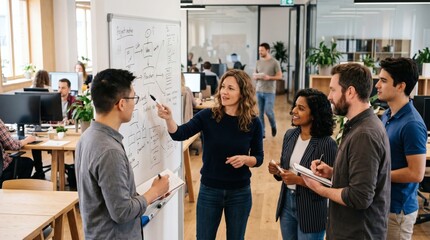 Obraz premium Diverse team collaborating on a project plan flowchart on a whiteboard in a modern office setting