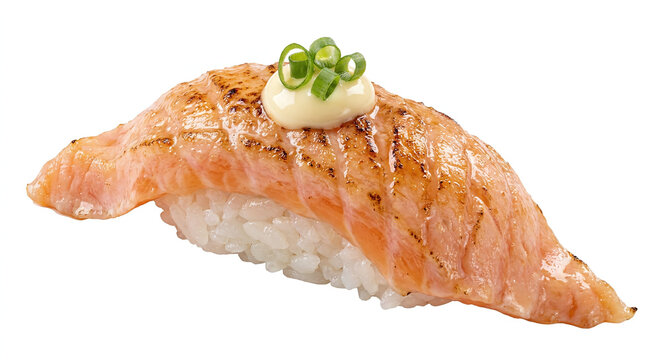 AI generated Salmon aburi nigiri sushi with mayo and scallion isolated on white background