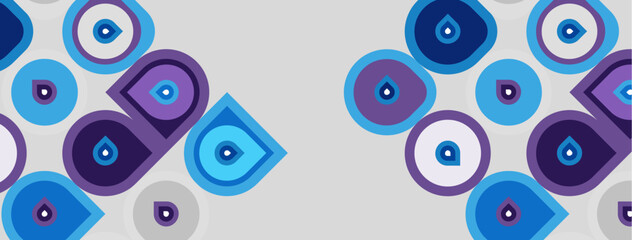 Fototapeta premium Pattern features blue eyes, circles, squares. Purple accents present. Design appears repetitive, modern, geometric. Soft color palette dominates image.