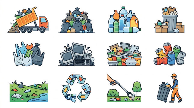 Collection of illustrations depicting waste management and recycling concepts.