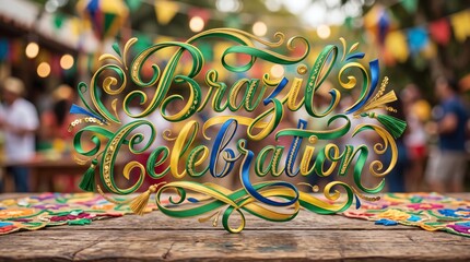 Fototapeta premium Brazil Celebration Festive Typography with Brazilian Flag Colors and Bokeh Background