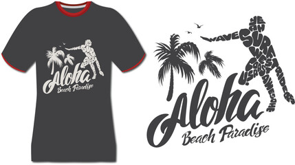 Dark gray t-shirt with aloha beach paradise surfer silhouette made of words and palm tree print apparel © Design24