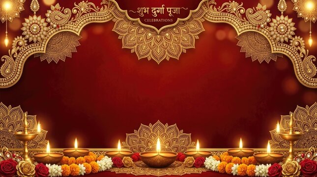 Elegant durga puja background with golden ornate details and diya lamps for festive celebrations