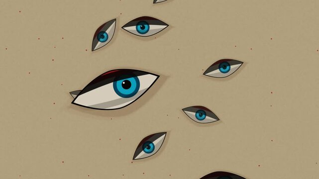 Surreal Animation of Many Cartoon Eyes Moving and Swirling in Abstract Space