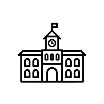 Line art icon of a university building with clock tower, university