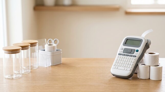 Home Organization Setup with Label Printer and Storage Jars