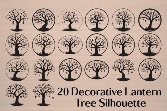 Decorative tree silhouettes, 20 lantern tree icons, black vector illustrations, wooden background