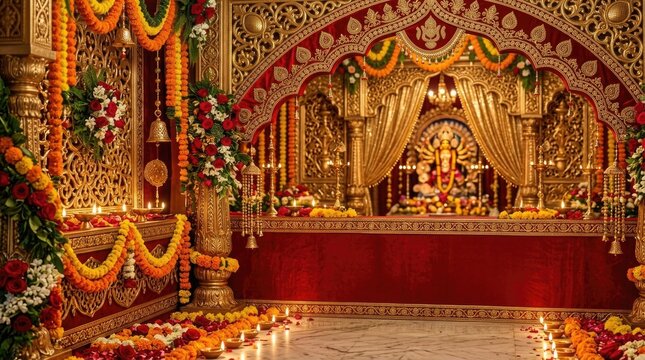 Elaborate durga puja pandal interior traditional decorations floral garlands and divine atmosphere