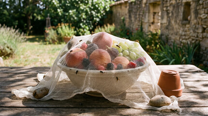 Naklejka premium Bowl of fresh summer fruit covered by protective netting deterring wasps on a rustic outdoor wooden table