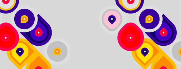 Fototapeta premium Abstract geometric shapes, vibrant colors, playful design. Circles, ovals, teardrops create dynamic composition. Modern, stylish background.