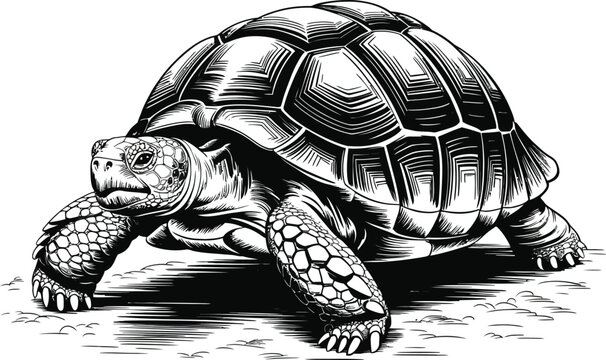 Tortoise, turtle illustration, black and white, vector graphics, reptile animal