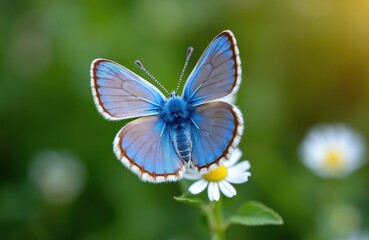 Fototapeta premium Blue butterfly rests on daisy flower. Tiny insect has brown wing edges. Soft green blur background with bokeh. Macro shot shows detail of small creature.
