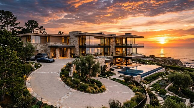 Modern mansion at golden hour with scenic ocean view and luxurious architecture