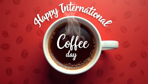 White cup filled with dark hot coffee sits on red background with coffee beans pattern. Text reads Happy International Coffee day. Steam rises from beverage.