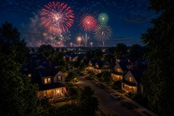 Fototapeta premium Beautiful colorful fireworks display over a quiet suburban neighborhood at night.