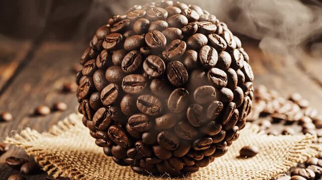 Sphere of roasted coffee beans on rustic burlap.