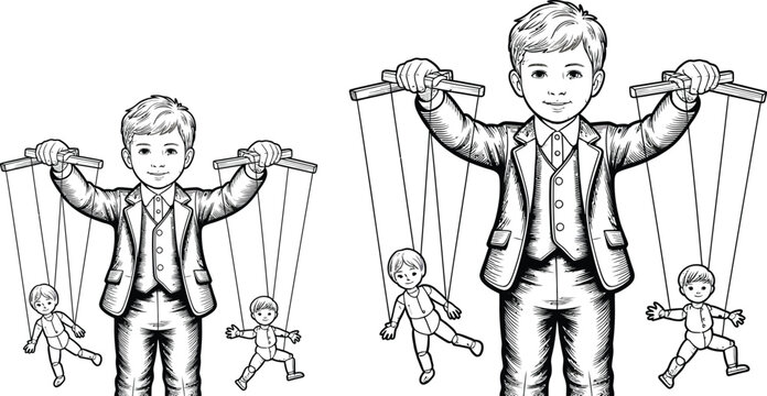 Vector puppeteers, marionette controllers, business men, black and white illustrations, control figures