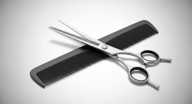 Professional silver thinning shears and black comb set.