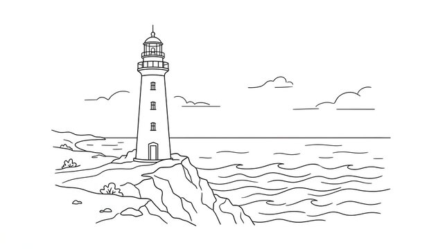 Black and white line drawing lighthouse standing on rocky coastline